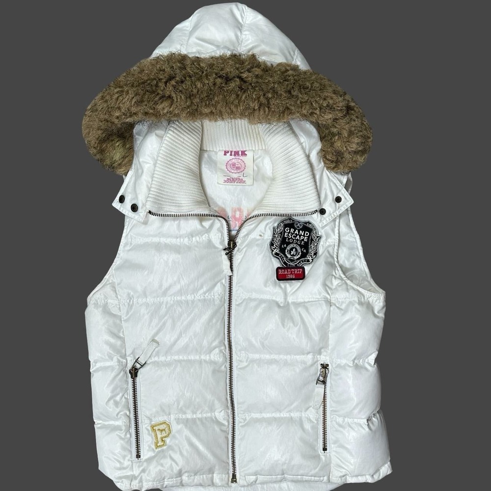 Y2K Victoria's Secret PINK Road Trip Down Puffer Vest L White Faux Fur Hood